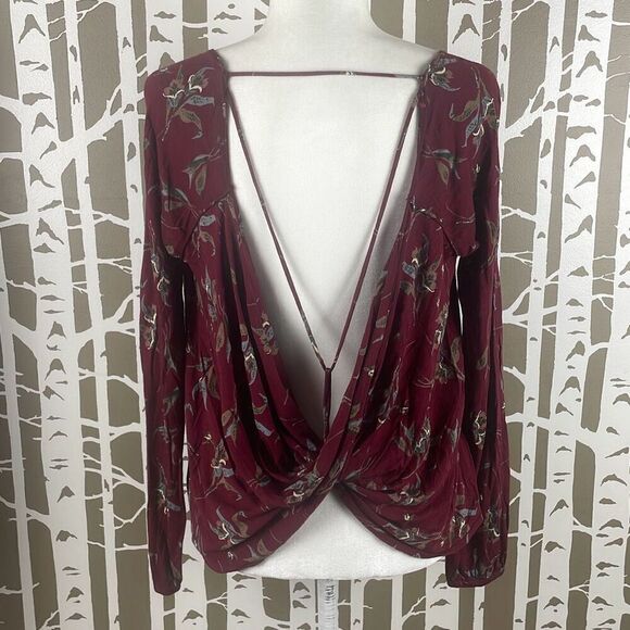 Free People Burgundy Floral Print Open Draped Back Long Sleeve Top S - Picture 1 of 10